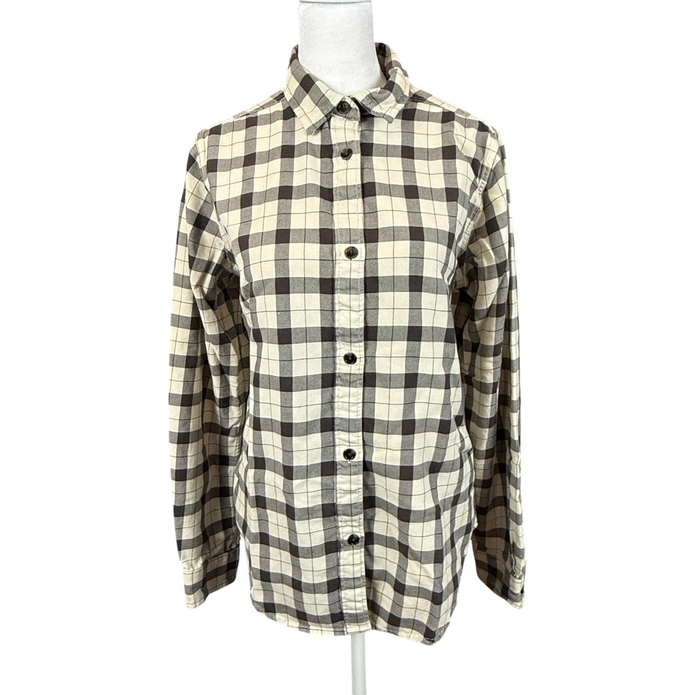 Filson Button Down Shirt Womens Medium Cream Brown Check Long Sleeve FCOP008928